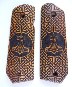1911 grips, Thors Hammer with Celtic checkering engraved in Orangeheart wood, Bobtail