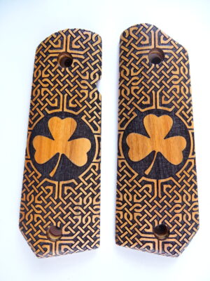 1911 grips, Shamrock emblem with Celtic checkering engraved in Orangeheart wood, Bobtail