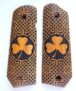 1911 grips, Shamrock emblem with Celtic checkering engraved in Orangeheart wood, Bobtail