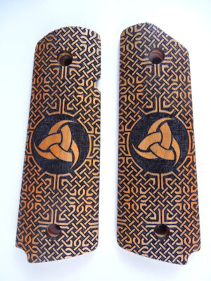 1911 grips, Triple Horn of Odin viking emblem with Celtic checkering engraved in Orangeheart wood