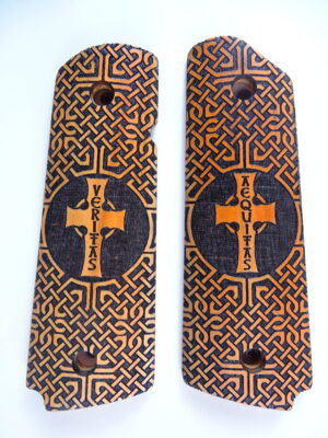 1911 grips, Veritas Aequitas Cross with Celtic checkering engraved in Orangeheart wood