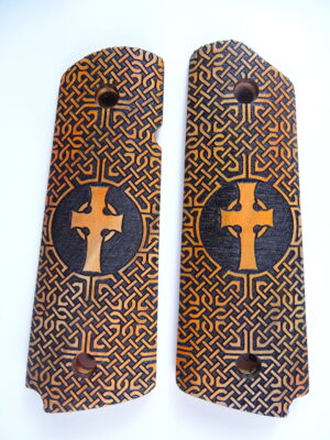 1911 grips, Celtic Cross with Celtic checkering engraved in Orangeheart wood