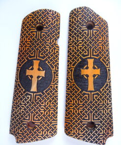 1911 grips, Celtic Cross with Celtic checkering engraved in Orangeheart wood