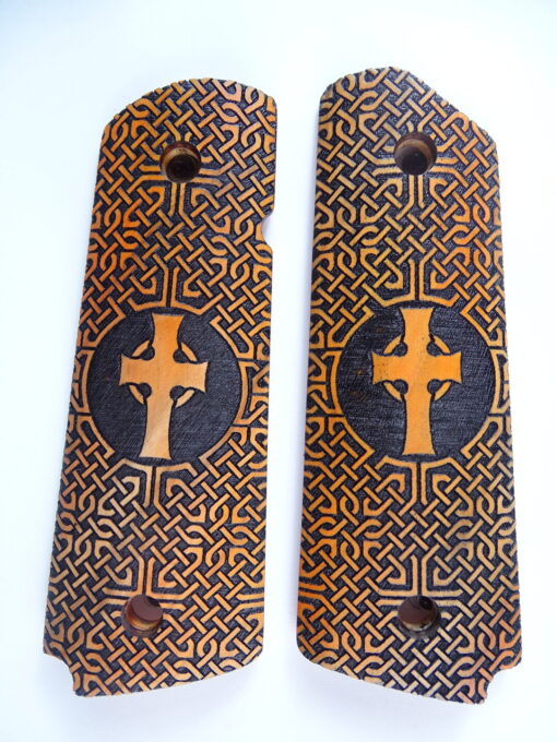 1911 grips, Celtic Cross with Celtic checkering engraved in Orangeheart wood