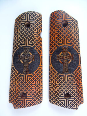 1911 grips, Iona Cross with Celtic checkering engraved in Orangeheart wood