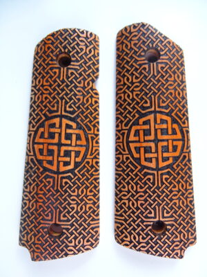 1911 grips, Celtic Sunrise emblem with Celtic checkering engraved in Orangeheart