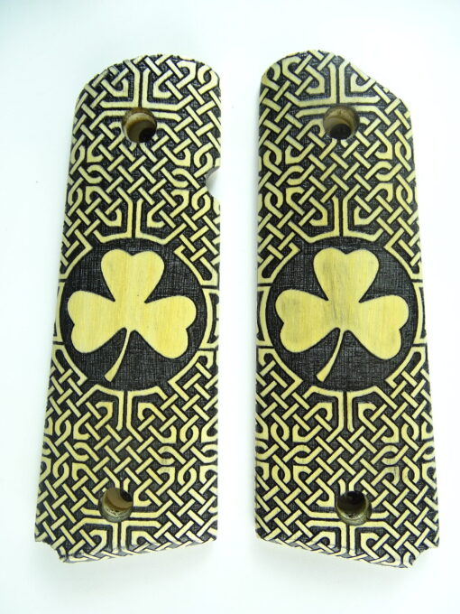 1911 grips, Shamrock emblem with Celtic checkering engraved in Ivorywood