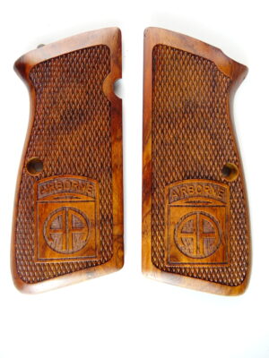 Hi-Power AAA cocobolo wood grips, checkered, engraved with 82nd Airborne emblem