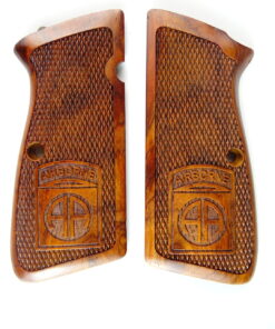 Hi-Power AAA cocobolo wood grips, checkered, engraved with 82nd Airborne emblem